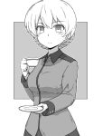  1girl absurdres bangs braid closed_mouth commentary_request cup darjeeling_(girls_und_panzer) eyebrows_visible_through_hair girls_und_panzer greyscale highres holding holding_cup holding_saucer jacket long_sleeves looking_at_viewer military military_uniform monochrome partial_commentary renshiu saucer short_hair skirt smile solo st._gloriana&#039;s_military_uniform standing teacup tied_hair twin_braids uniform 