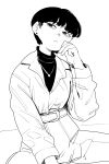  1girl bangs black_hair black_sweater coat cowboy_shot earrings expressionless greyscale hand_up highres jewelry long_sleeves monochrome necklace original short_hair solo sparrowl sweater white_coat 
