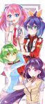  4girls :d ahoge belt blue_hair bow bracelet_girls card choker closed_eyes earrings fingerless_gloves gloves green_eyes green_hair hair_bow hiiragi_yuzu jacket jewelry kurosaki_ruri multicolored_hair multiple_girls necktie open_mouth pink_eyes pink_hair ponytail purple_hair qi2vpakcfl8r3ie rin_(yuu-gi-ou_arc-v) serena_(yuu-gi-ou_arc-v) short_twintails simple_background sleeveless smile twintails two-tone_hair white_background yellow_eyes yuu-gi-ou yuu-gi-ou_arc-v zipper 