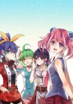  4girls :d ahoge belt blue_hair bow bracelet_girls choker closed_eyes earrings fingerless_gloves gloves green_eyes green_hair hair_bow hiiragi_yuzu jacket jewelry kurosaki_ruri multicolored_hair multiple_girls necktie open_mouth pink_eyes pink_hair ponytail purple_hair rin_(yuu-gi-ou_arc-v) serena_(yuu-gi-ou_arc-v) shoroku short_twintails simple_background sleeveless smile twintails two-tone_hair white_background yellow_eyes yuu-gi-ou yuu-gi-ou_arc-v zipper 