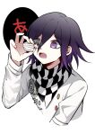 2boys ahoge bangs black_background black_hair black_scarf buttons checkered_clothes checkered_scarf chibi cropped_torso danganronpa_(series) danganronpa_v3:_killing_harmony eyebrows_visible_through_hair flipped_hair hair_between_eyes highres holding holding_person imminent_vore jacket long_sleeves male_focus msg multiple_boys open_mouth purple_hair qiao_xing saihara_shuuichi scarf short_hair simple_background teeth translated txt upper_teeth violet_eyes white_background white_scarf