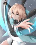  1girl a1552477544 ahoge bangs black_bow black_legwear black_scarf bow breasts chromatic_aberration fate/grand_order fate_(series) hair_between_eyes hair_bow haori highres japanese_clothes kimono koha-ace medium_breasts obi okita_souji_(fate) okita_souji_(fate)_(all) okita_souji_(koha/ace) platinum_blonde_hair ribbon sash scarf sheath short_hair short_kimono simple_background solo thigh-highs white_kimono white_ribbon yellow_background yellow_eyes zettai_ryouiki 