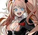  1girl :d bangs bear_hair_ornament black_choker black_shirt blue_eyes bow breasts choker collared_shirt commentary_request danganronpa:_trigger_happy_havoc danganronpa_(series) enoshima_junko eyebrows_visible_through_hair hair_ornament highres huyuharu0214 large_breasts long_hair looking_at_viewer messy_hair necktie red_bow shiny shiny_hair shirt signature simple_background smile solo teeth twintails upper_body upper_teeth white_background white_necktie 
