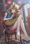  1girl :3 :q ahoge animal_ear_fluff animal_ears blonde_hair blue_dress blue_eyes blue_ribbon blush cable chair chinese_zodiac closed_mouth commentary crossed_legs dress electric_guitar english_commentary feet full_body guitar hair_ribbon high_heels highres holding holding_instrument indoors instrument kurobuta_gekkan lantern legs long_hair looking_at_viewer on_chair original pantyhose paper_lantern ribbon shoe_dangle shoes short_dress sidelocks single_shoe sitting sleeveless sleeveless_dress smile solo tail tiger_ears tiger_girl tiger_tail tongue tongue_out white_legwear year_of_the_tiger 