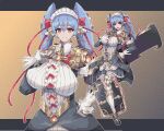  1girl android baketu blue_hair breasts dress large_breasts looking_at_viewer maid maid_headdress orange_eyes pixel_art poppi_(xenoblade) poppi_qt_(xenoblade) pose ribbon skirt smile solo sword thigh-highs thighs weapon xenoblade_chronicles_(series) xenoblade_chronicles_2 