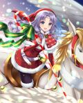  1girl :d absurdres alternate_costume bangs bell blue_eyes candy candy_cane christmas circlet detached_sleeves dress fire_emblem fire_emblem:_the_blazing_blade florina_(fire_emblem) food fur_trim green_ribbon hat highres holding holding_candy holding_candy_cane holding_food kakiko210 long_hair looking_at_viewer open_mouth parted_bangs pegasus purple_hair red_dress ribbon saddle santa_costume santa_hat smile 