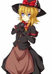  1girl apron bangs black_capelet black_gloves black_headwear black_skirt black_vest blonde_hair blue_eyes blush bow bowtie bright_pupils brown_apron buttons capelet closed_mouth commentary_request cookie_(touhou) elbow_gloves eyebrows_visible_through_hair feet_out_of_frame frilled_bow frilled_hat frills gloves hair_between_eyes hair_bow hat hat_bow highres holding holding_microphone kirisame_marisa long_hair looking_at_viewer meguru_(cookie) microphone red_bow red_bowtie simple_background skirt smile solo szk touhou vest waist_apron white_background white_pupils witch_hat 