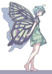  1girl absurdres antennae aqua_hair barefoot butterfly_wings dress eternity_larva eyebrows_visible_through_hair fairy full_body green_dress hair_between_eyes highres kame_(kamepan44231) leaf leaf_on_head multicolored_clothes multicolored_dress one-hour_drawing_challenge open_mouth short_hair short_sleeves single_strap solo touhou wings yellow_eyes 