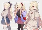  1girl :d ahoge alternate_costume bag black_bow black_shirt blonde_hair blue_skirt blush bow bowtie brown_bow brown_legwear closed_mouth contrapposto edel_(ikeuchi_tanuma) grey_background grey_sweater hair_bow hair_over_one_eye ikeuchi_tanuma jacket leg_warmers long_hair long_sleeves looking_at_viewer miniskirt multiple_views one_eye_covered one_side_up open_mouth original pantyhose pink_skirt ponytail purple_jacket red_bow red_eyes ribbed_sweater shirt shoulder_bag skirt smile standing strawberry_bag sweater thigh-highs twintails twitter_username v very_long_hair zettai_ryouiki 