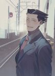  1boy ^_^ absurdres ace_attorney black_hair closed_eyes formal highres iro_saki male_focus necktie phoenix_wright pointy_hair railroad_tracks smile snowing solo suit 