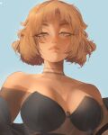  1girl black_choker blonde_hair blue_background blush breasts choker elliemaplefox expressionless grey_eyes highres large_breasts looking_at_viewer original short_hair simple_background solo upper_body 
