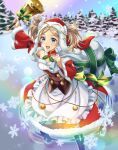  1girl :d bell blonde_hair blue_eyes christmas commission detached_sleeves dress fire_emblem fire_emblem_awakening fire_emblem_heroes fur_trim highres holding holding_bell holding_sack kakiko210 lissa_(fire_emblem) looking_at_viewer official_alternate_costume open_mouth rainbow_gradient red_headwear ribbon sack skeb_commission smile snow snowflakes twintails 