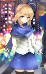  1girl artoria_pendragon_(all) blonde_hair blue_bow blue_scarf blue_skirt blush bow coat fate/grand_order fate/stay_night fate_(series) green_eyes hair_bow highres lamppost looking_at_viewer night night_sky outdoors power_lines riddo0831 saber scarf skirt sky smile snowing solo 