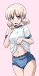  1girl aki_(girls_und_panzer) bangs blue_buruma blush bright_pupils buruma clothes_lift cowboy_shot eyebrows_visible_through_hair finger_to_mouth frown girls_und_panzer green_eyes gym_shirt gym_uniform hair_tie highres lifted_by_self light_brown_hair looking_at_viewer low_twintails navel open_mouth pink_background ponzu_rui shirt shirt_lift short_hair short_sleeves short_twintails simple_background solo standing twintails white_pupils white_shirt 