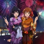  2girls :d animal_print arm_around_waist bangs bird_print black_hair blush breasts brown_eyes brown_hair cowboy_shot eyebrows_visible_through_hair fireworks floating_hair hair_ornament hair_stick hibike!_euphonium highres holding japanese_clothes kimono kousaka_reina long_hair looking_at_viewer medium_breasts multiple_girls nail_polish new_year night obi open_mouth orange_kimono orange_nails oumae_kumiko outdoors pink_nails ponytail purple_kimono sash sbel02 short_hair sidelocks smile sparkler v violet_eyes yukata 