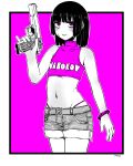  1girl absurdres ambiguous_gender belly black_hair crop_top gun handgun highres holding holding_weapon limited_palette navel original pink_eyes pinky_out pistol short_shorts shorts taida weapon weapon_request 