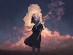  1girl bangs black_dress blunt_bangs clouds commentary cowboy_shot daruma_karei dress grey_hair hair_over_one_eye halo highres looking_at_viewer messy_hair original outdoors red_eyes sailor_dress scenery serious shadow short_hair sky solo standing 