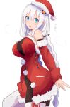  1girl absurdres adapted_costume bangs bare_shoulders blue_eyes braid breasts cowboy_shot detached_sleeves dress eyebrows_visible_through_hair fur-trimmed_dress fur-trimmed_sleeves fur_trim hair_ornament hat highres kizuna_akari kujira_hebi large_breasts long_hair long_sleeves open_mouth santa_costume santa_hat solo twin_braids very_long_hair voiceroid 