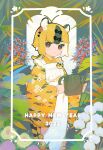  1girl 2022 animal_ears animal_print apron black_bow black_hair bow brown_eyes chinese_zodiac expressionless flower frilled_apron frills hair_bow happy_new_year highres japanese_clothes kimono leaf long_sleeves looking_at_viewer miitarou multicolored_hair new_year no_nose orange_hair original plant print_kimono purple_flower solo tiger_ears tiger_girl tiger_print two-tone_hair watering_can white_apron white_flower wide_sleeves year_of_the_tiger yellow_flower 