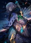  1boy blue_eyes bug burning butterfly butterfly_wings fate/grand_order fate_(series) grasshopper grey_hair highres insect_wings looking_back male_focus oberon_(fate) ozadomi signature twilight wings 