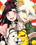  1boy 1girl :d alternate_costume animal_ears animal_print bangs blunt_bangs blush collarbone danganronpa_(series) danganronpa_2:_goodbye_despair dosugon eyebrows_visible_through_hair green_jacket hand_up hood hood_down jacket komaeda_nagito long_hair mole mole_under_eye monokuma open_clothes open_jacket pink_eyes pink_shirt puffy_short_sleeves puffy_sleeves purple_hair red_background shirt short_sleeves smile stuffed_animal stuffed_toy teddy_bear teeth tiger_ears tiger_print tongue tsumiki_mikan upper_body upper_teeth white_background white_shirt 