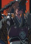  1boy absurdres armor black_hair black_sclera colored_sclera expressionless headgear highres ichi_asakura japanese_armor japanese_clothes kuro_mujou_(onmyoji) long_hair looking_to_the_side male_focus onmyoji ponytail red_eyes short_eyebrows solo 