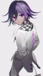  1boy bangs blue_hair checkered_clothes checkered_scarf danganronpa_(series) danganronpa_v3:_killing_harmony eyebrows_visible_through_hair feet_out_of_frame flipped_hair from_behind gradient gradient_background grey_background grey_jacket hair_between_eyes hand_in_pocket highres huyuharu0214 jacket looking_at_viewer looking_back male_focus ouma_kokichi pants purple_hair scarf shiny shiny_hair signature smile solo straitjacket white_pants 