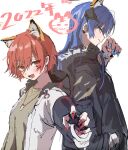  2022 2girls :d animal_ear_fluff animal_ears arknights black_coat black_sleeves blue_eyes blue_hair blue_nails blush brown_shirt chinese_zodiac claw_pose closed_mouth coat commentary_request detached_wings earrings exusiai_(arknights) fang fingernails fur-trimmed_coat fur_trim halo hand_in_pocket highres hood hood_down horns jacket jewelry kemonomimi_mode long_fingernails long_hair long_sleeves mostima_(arknights) multiple_girls na_tarapisu153 nail_polish necklace new_year open_clothes open_jacket profile red_nails shirt simple_background skin_fang smile tiger_ears white_background white_jacket wings year_of_the_tiger 