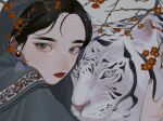  1girl 2022 black_hair branch chinese_zodiac commentary_request earrings flower grey_background grey_eyes happy_new_year highres jewelry looking_at_viewer new_year original portrait red_flower solo tiger tori_no_3046 white_tiger year_of_the_tiger 