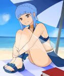 1girl armpit_crease bangs beach beach_umbrella bikini blue_footwear blue_hair blue_nails blue_skirt blue_sky blunt_bangs book braid breasts brown_eyes commission english_commentary eyebrows_visible_through_hair feet fire_emblem fire_emblem:_three_houses full_body gold_trim highres hugging_own_legs knees_up leaning_forward looking_at_viewer marianne_von_edmund medium_breasts nail_polish official_alternate_costume outdoors own_hands_together sandals see-through_sleeves short_hair_with_long_locks sideboob sidelocks sitting skirt sky smile softhanten solo swimsuit teeth thighs toenail_polish toenails toes twitter_username umbrella water 