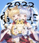  2022 2girls :3 animal_ears animal_hands bai_(granblue_fantasy) bangs bare_shoulders blonde_hair blue_background blue_hair blush cheek-to-cheek cidala_(granblue_fantasy) commentary_request detached_sleeves dress fangs granblue_fantasy hair_intakes heads_together highres huang_(granblue_fantasy) laolao_(granblue_fantasy) looking_at_viewer multiple_girls new_year one_eye_closed open_mouth orange_eyes shiromimin sleeveless sleeveless_dress smile tail tiger tiger_cub tiger_ears tiger_girl tiger_paws tiger_tail turtleneck twintails two-tone_background white_background wide_sleeves 