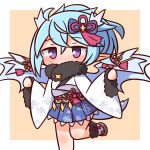  1girl bangs blue_bow blue_hair blue_skirt blue_wings blush bow brown_background chibi commentary_request covered_mouth eyebrows_visible_through_hair feet_out_of_frame fur-trimmed_sleeves fur_collar fur_trim hair_between_eyes hair_bow hana_kazari highres japanese_clothes kimono long_sleeves looking_at_viewer obi pinching_sleeves pleated_skirt pointy_ears princess_connect! sash shefi_(princess_connect!) skirt solo standing standing_on_one_leg two-tone_background violet_eyes white_background white_kimono wide_sleeves wings 