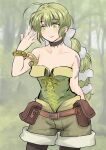  1girl absurdres bare_shoulders black_legwear bow breasts choker closed_mouth green_eyes green_hair hair_ribbon highres hosshi_(nariagari) jewelry legwear_under_shorts long_hair multi-tied_hair pantyhose ponytail ribbon saga saga_frontier_2 shorts smile solo very_long_hair virginia_knights 