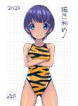  1girl animal_print ass_visible_through_thighs black_hair blue_hair commentary_request competition_swimsuit cowboy_shot crossed_arms logo looking_at_viewer one-piece_swimsuit original short_hair simple_background solo split_mouth swimsuit tiger_print translation_request white_background yellow_swimsuit yonesuke_(yonesukesuke) 