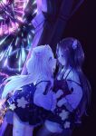  2girls 54hao aerial_fireworks bangs bare_tree black_hair black_legwear blue_dress blush dress eye_contact fireworks floral_print highres long_hair long_sleeves looking_at_another multiple_girls night night_sky original outdoors parted_bangs parted_lips print_dress profile purple_dress shirt siblings sisters sky sleeveless sleeveless_dress thigh-highs tree twins two_side_up very_long_hair white_hair white_legwear white_shirt wide_sleeves wing_hair_ornament 