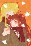  blonde_hair blush brown_hair couple cuddling fate_testarossa happy holding_hands hug hug_from_behind jacket long_hair lyrical_nanoha mahou_shoujo_lyrical_nanoha mahou_shoujo_lyrical_nanoha_a&#039;s nanashiki school_uniform simple_background smile takamachi_nanoha uniform very_long_hair yuri 