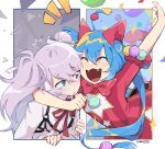  2girls ^^^ animal_ears aqua_eyes arm_around_neck arm_up artist_name blue_hair border bow bowtie cat_ears cat_tail chest_harness cleavage_cutout clenched_hand closed_mouth clothing_cutout collared_shirt colorful coral_(coral_l33) dot_nose dress dual_persona eyebrows_visible_through_hair fangs frilled_sleeves frills gold_trim grey_hair hair_between_eyes hair_ornament hair_ribbon harness hatsune_miku heterochromia laughing light_blush light_particles long_hair long_sleeves looking_at_another looking_to_the_side monochrome multiple_girls neck_ribbon nervous open_mouth pom_pom_(clothes) pom_pom_hair_ornament project_sekai rafters red_bow red_bowtie red_dress red_ribbon ribbon serious shiny shiny_hair shirt short_sleeves slit_pupils sparkle split_screen star_cutout striped striped_dress surprised sweatdrop tail triangle tsurime twintails vertical-striped_dress vertical_stripes very_long_hair violet_eyes vocaloid white_border white_ribbon white_shirt 