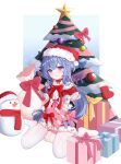  absurdres bangs blue_hair blush bound bow box capelet christmas christmas_ornaments christmas_tree eyebrows_visible_through_hair ganyu_(genshin_impact) genshin_impact gift gift_bag gift_box hat highres long_hair looking_at_viewer mist_sail_(872791588) red_capelet red_scarf ribbon ribbon_bondage santa_costume santa_hat scarf sidelocks sitting smile snowman socks solo thigh-highs violet_eyes wariza white_legwear 