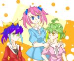  0506 3girls ahoge blue_eyes blue_hair bracelet_girls choker earrings green_eyes green_hair high_ponytail hiiragi_yuzu multiple_girls orange_hair pink_hair rin_(yuu-gi-ou_arc-v) serena_(yuu-gi-ou_arc-v) short_twintails small_breasts smile uniform yellow_bow yu-gi-oh! yu-gi-oh!_arc-v yuu-gi-ou yuu-gi-ou_arc-v 