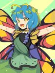  1girl antennae aqua_hair butterfly_wings dress eternity_larva eyebrows_visible_through_hair fairy green_dress hair_between_eyes harakune_(mugennero) highres leaf leaf_on_head multicolored_clothes multicolored_dress open_mouth outstretched_arms round_teeth short_hair short_sleeves single_strap smile solo spread_arms teeth touhou upper_body upper_teeth wings yellow_eyes 