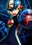  1boy absurdres aiming_at_viewer blue_gloves bodysuit gloves green_eyes helmet highres looking_at_viewer male_focus mega_man_(series) mega_man_battle_network megaman.exe mixed-language_commentary open_mouth silverchariotx solo 