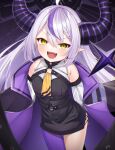  1girl :d ahoge ascot bangs black_dress black_jacket blush braid commentary_request demon_horns dress hair_between_eyes highres hololive horns horo_27 jacket la+_darknesss long_hair long_sleeves looking_at_viewer off_shoulder open_clothes open_jacket pointy_ears purple_hair purple_legwear silver_hair single_leg_pantyhose smile solo thigh-highs virtual_youtuber yellow_ascot yellow_eyes 