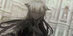  1girl absurdres animal_ear_fluff animal_ears arknights bangs black_jacket blue_eyes blurry blurry_background breasts building chihuri closed_mouth depth_of_field eyebrows_visible_through_hair grey_hair hair_between_eyes hair_ornament hairclip highres jacket lappland_(arknights) medium_breasts open_clothes open_jacket scar scar_on_face smile solo upper_body 