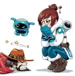  1boy 1girl beard blue_gloves blue_pants boots brown_eyes brown_footwear brown_hair cape cassidy_(overwatch) cowboy_hat facial_hair fur_trim gloves hair_bun hat highres jacket mei_(overwatch) nakahara_kaihei overwatch pants red_cape seeing_stars simple_background snowball_(overwatch) squatting white_background white_jacket 