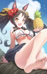  +_+ 1girl alternate_costume animal_ears black_hair breasts clouds commentary_request fang food fruit highres horse_ears jacket large_breasts looking_at_viewer marvelous_sunday_(umamusume) ooshima_kojima open_mouth pineapple sky swimsuit twintails umamusume yellow_eyes 