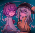  2girls black_headwear blouse blue_blouse blue_eyes collared_blouse eyeball frilled_shirt_collar frilled_sleeves frills frown furrowed_brow hairband hat hat_ribbon highres komeiji_koishi komeiji_satori long_hair long_sleeves multiple_girls pink_skirt purple_hair ribbon rpameri short_hair siblings silver_hair sisters skirt text_in_eyes third_eye touhou violet_eyes wavy_mouth wide_sleeves yellow_blouse yellow_ribbon 