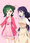  2girls blush bracelet brown_eyes casual earrings female green_hair hair_bun hair_ribbon highres holding holding_hands jewelry kurosaki_ruri long_hair looking_at_viewer mizuki_kotori_(yuu-gi-ou_zexal) multicolored_hair open_mouth pants pointing poppykakaka purple_eyes purple_hair ribbon shirt short_hair skirt smile solo standing two-tone_hair very_long_hair yu-gi-oh! yu-gi-oh!_arc-v yu-gi-oh!_zexal yuu-gi-ou yuu-gi-ou_arc-v yuu-gi-ou_zexal 