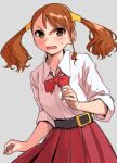  1girl anjou_naruko ano_hi_mita_hana_no_namae_wo_bokutachi_wa_mada_shiranai. bangs belt blush bow bowtie brown_eyes chorohanage commentary_request dress_shirt grey_background hair_ornament highres long_hair open_mouth orange_hair red_bow red_bowtie red_skirt school_uniform shirt simple_background skirt sleeves_rolled_up solo sweatdrop swept_bangs twintails white_shirt 