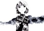  1girl bright_pupils building closed_mouth clouds commentary_request crosshatching greyscale hatching_(texture) high_contrast highres looking_at_viewer monochrome no_arms original short_hair solo traditional_media turtleneck uchida_akira_(taaiseee1121) upper_body 