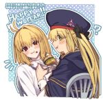  2girls arcueid_brunestud artoria_pendragon_(caster)_(fate) artoria_pendragon_(fate) bangs beret blonde_hair blue_cape blue_headwear blush breasts burger cape dress eating fate/grand_order fate_(series) food green_eyes hat highres hood hooded_cape large_breasts long_hair long_sleeves looking_at_viewer mitsurugi_sugar multiple_girls red_eyes short_hair small_breasts sweater tsukihime turtleneck turtleneck_sweater twintails white_dress white_sweater 